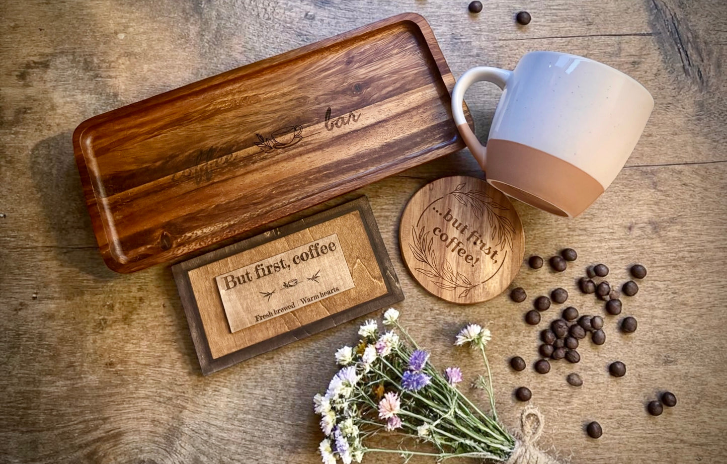 The Gathered Coffee Set – Artisan Mug & Engraved Wood Bundle