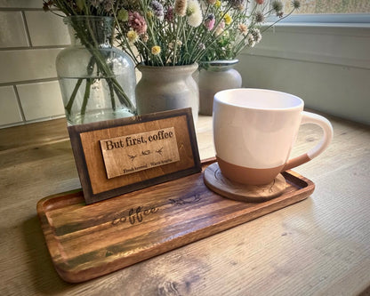 The Gathered Coffee Set – Artisan Mug & Engraved Wood Bundle