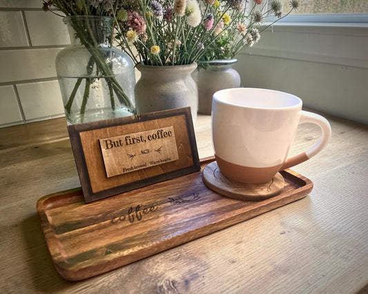 The Gathered Coffee Set – Artisan Mug & Engraved Wood Bundle