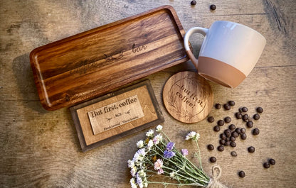 The Gathered Coffee Set – Artisan Mug & Engraved Wood Bundle